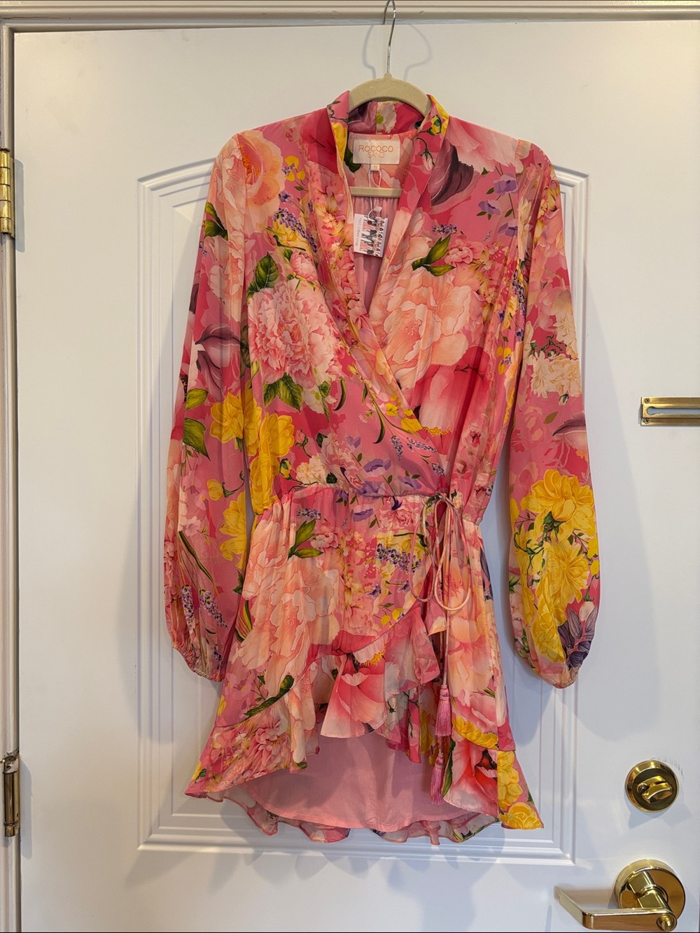 Rococo Sand Pink and Yellow Floral Wrap Midi Dress